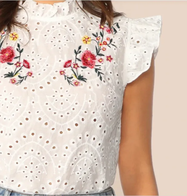 Beaty embroidered top ruffle trim top floral eyelet top