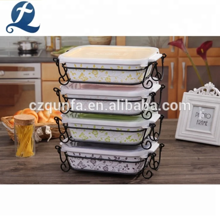 Household Printed Ceramic Baking Dish Bakeware Set With Lid