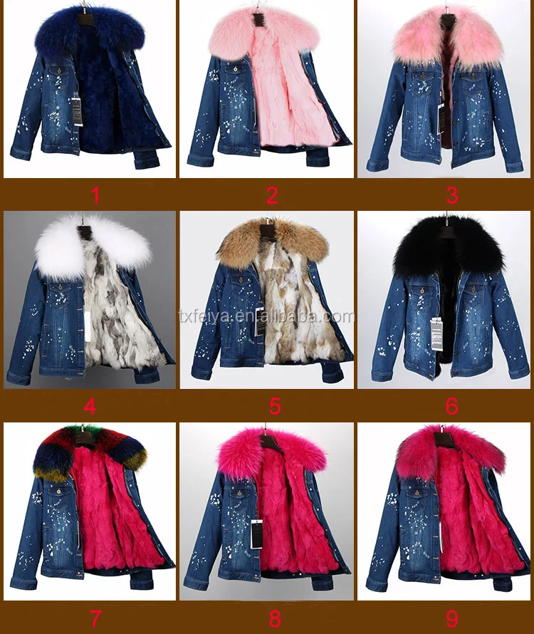 Raccoon fur collar coat and rex rabbit fur lining removable hooded denim jean jacket woman parka