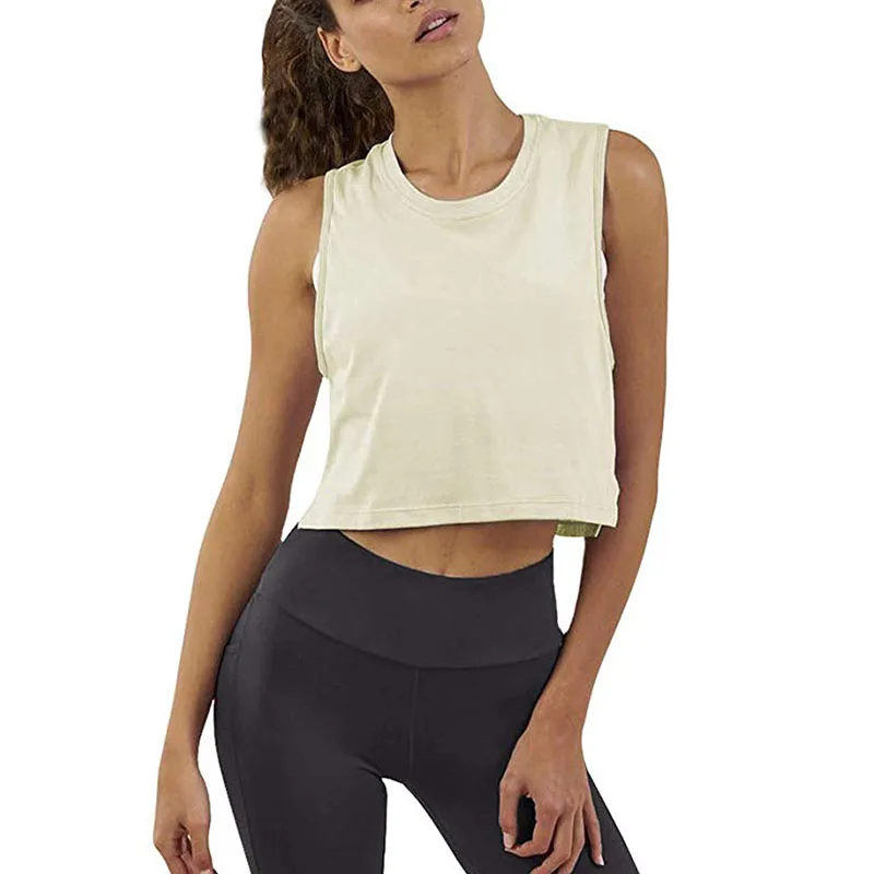 
Custom Summer Sweatwear Crew Neck Sleeveless Good Quality Women Yoga White Cotton Crop Tank Top 