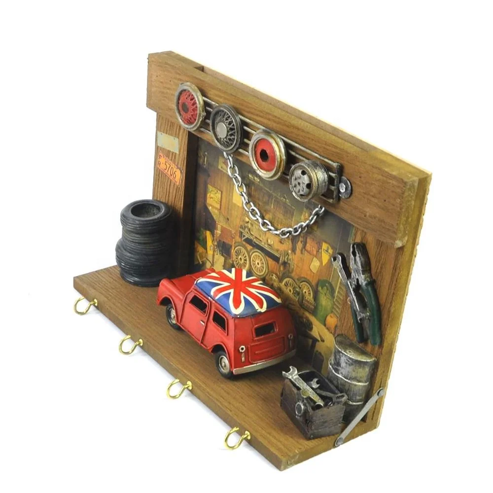 Handmade Wooden Vintage Photo Frame Antique Retro Wall Decor With Shop Front Red Car Model Metal Craft For Bar Cafe Restaurant