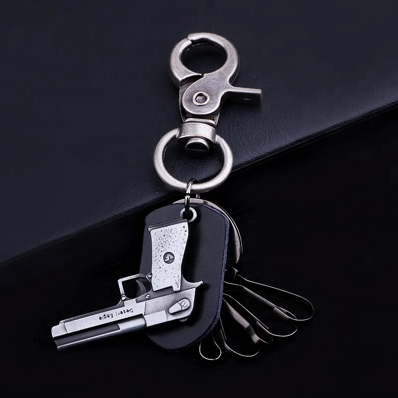 Promotional leather keyholder metal trinket gun keychain & keyrings for men women car key chains Souvenir Gift