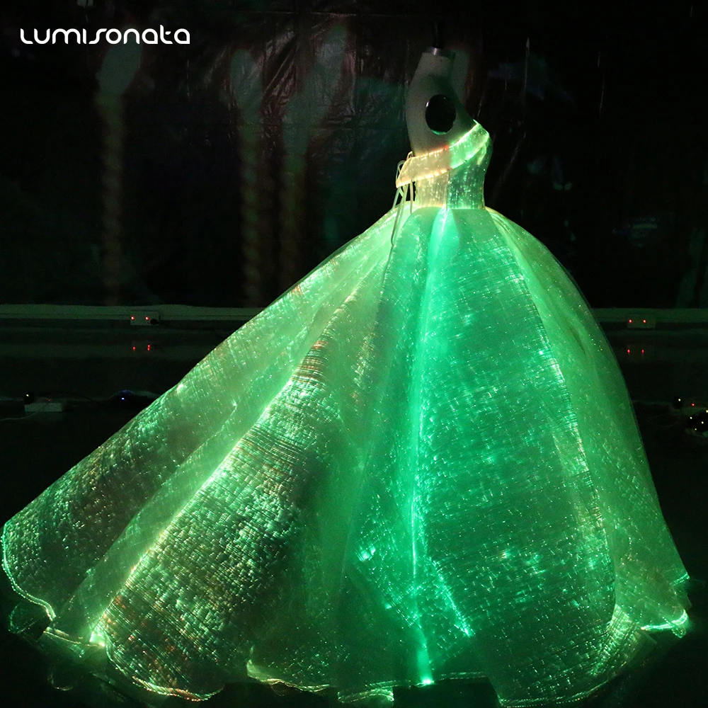 Hotsale RGB LED Light up evening dress Luminous fabric Ball Gown Wedding dress fiber optic dinner gown