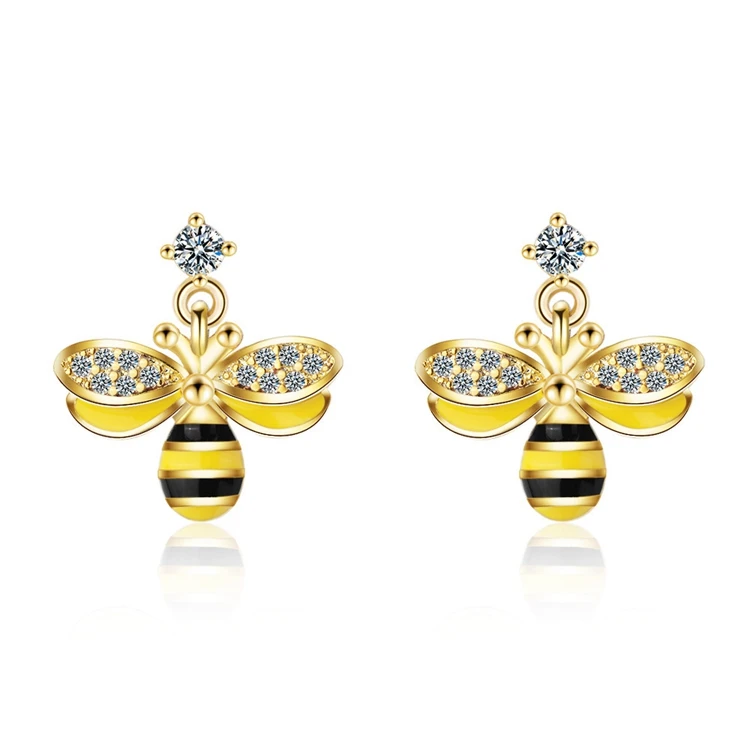 JER-194012 Gold Plated Pave Zirconia Stones Enamel Bee Shaped Brass Stud Earrings for Wholesale