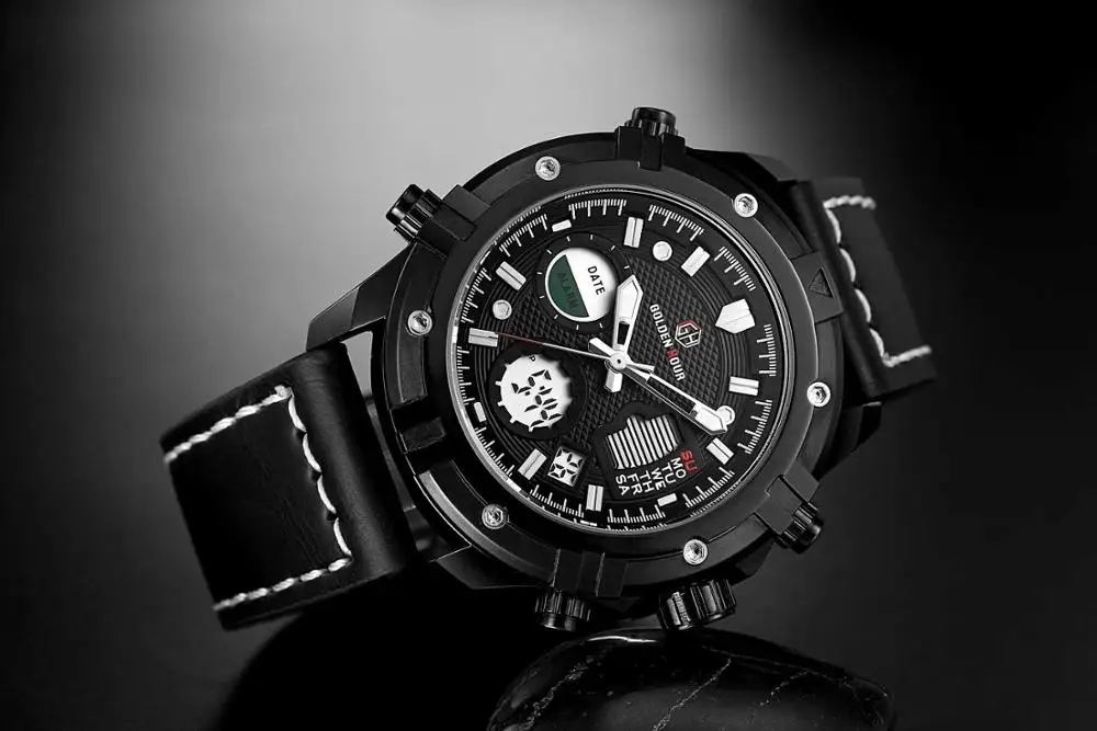 GOLDENHOUR sport watch countdown timer Leather Strap Waterproof Sport Chronograph Military Army watches For Men