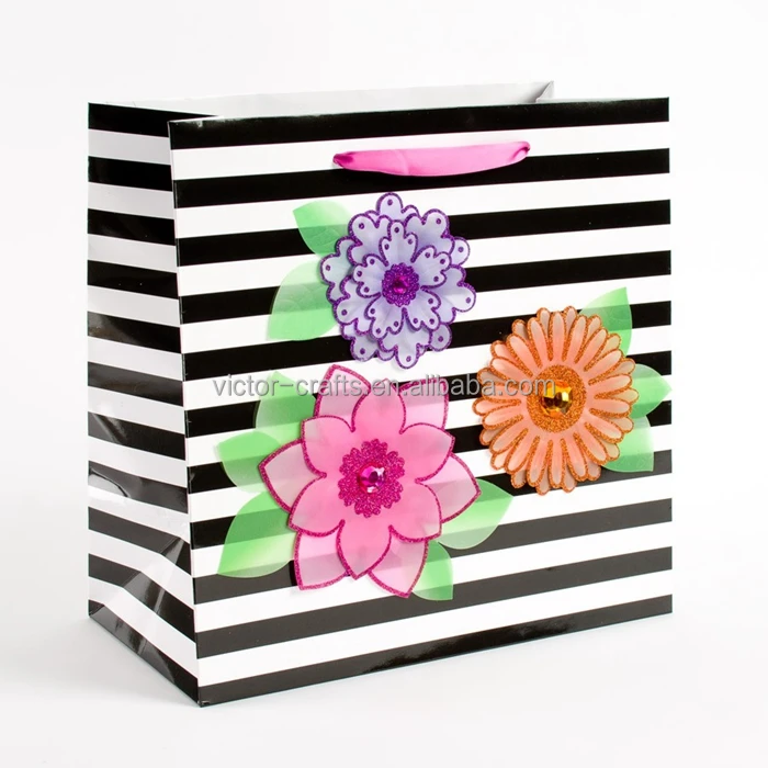 Большие подарочные пакеты с черно-белыми полосками и цветами из бархата, бумажный пакет для чая