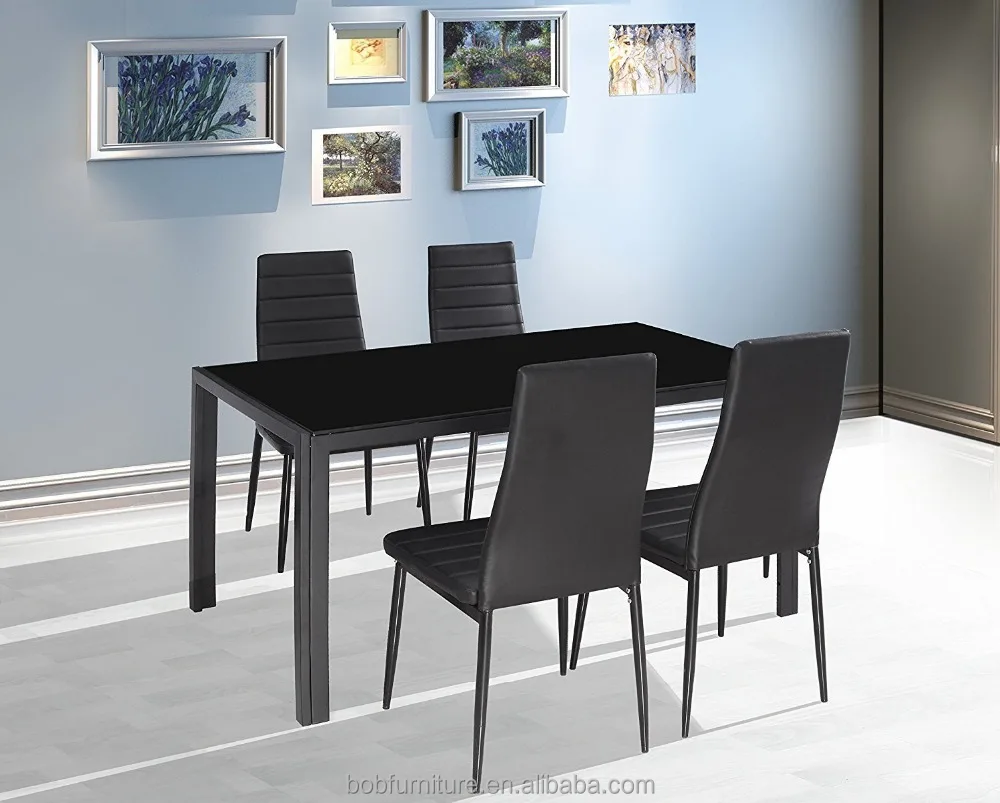 Home Dining Kitchen 4 Person Furniture Set with Glass Top Table Metal Leg Chairs