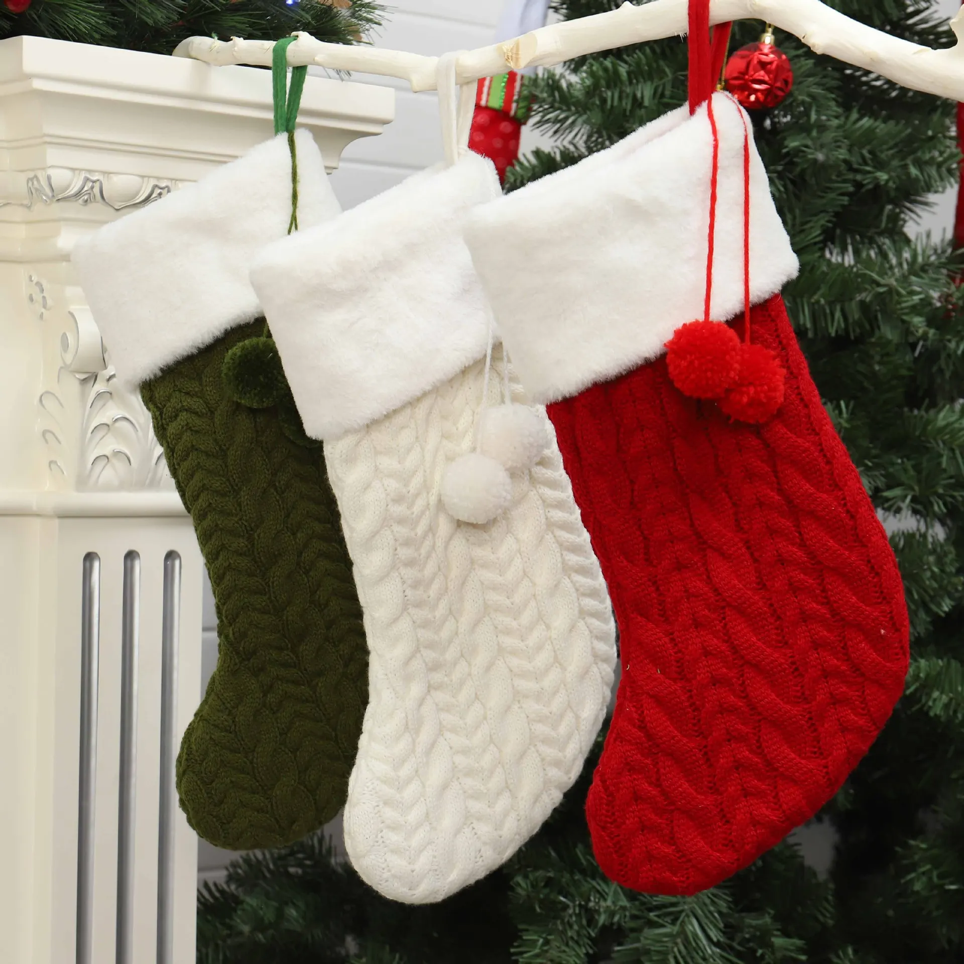2021 thickened knitted Santa Stocking solid color long Plush Christmas stocking with fur