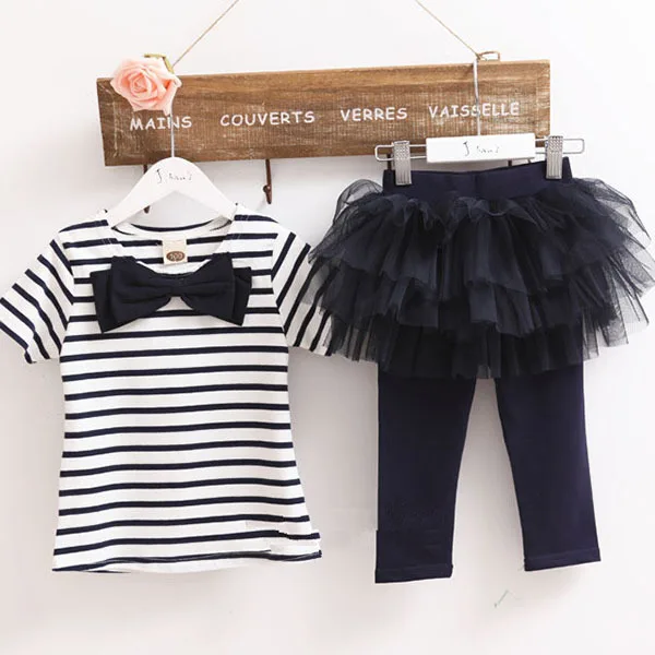 Kid Girl Stripe Bow Top T shirt Tutu Skirt Leggings Culottes 2 pcs Outfit Sets