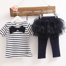 Kid Girl Stripe Bow Top T-shirt + Tutu Skirt Leggings Culottes 2pcs Outfit SetsFree&Drop Shipping