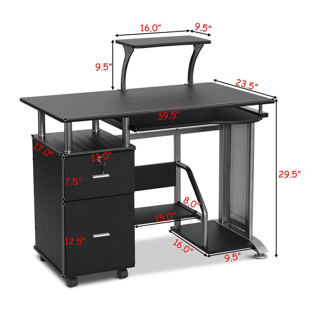 Black Office Computer Tables Study Desk with Keyboard Panel and Drawers