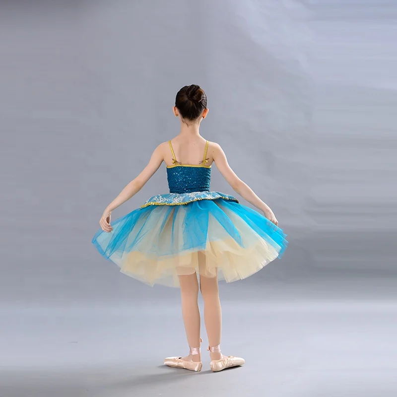 embroidery flower dance wear court style blue tutu skirt gold sequin performance dance costume