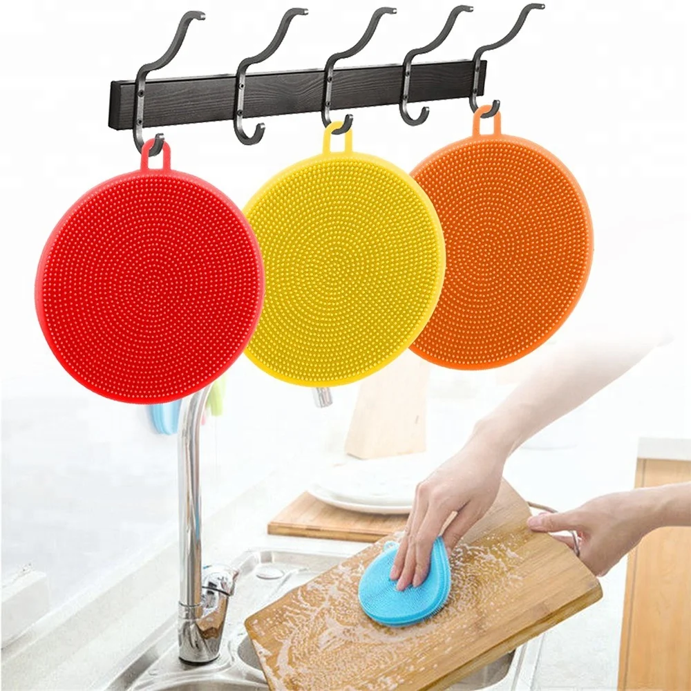 Round Shape Silicone Scrubber Dishwashing Cleaning Brush silicone sponge kitchen dish scrubber reusable