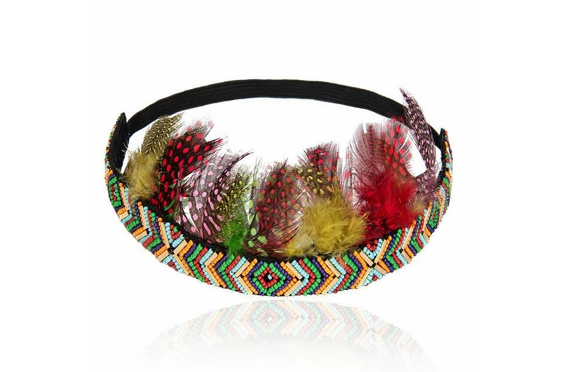 Feather Crown Headband Colorful Beads Headwrap Showgirl Carnival Party Headdress