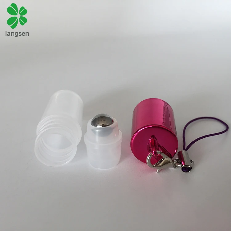 Mini size 3ml plastic roll on bottle with UV plating cap metal stainless steel ball key chain lanyard for essential oil creams