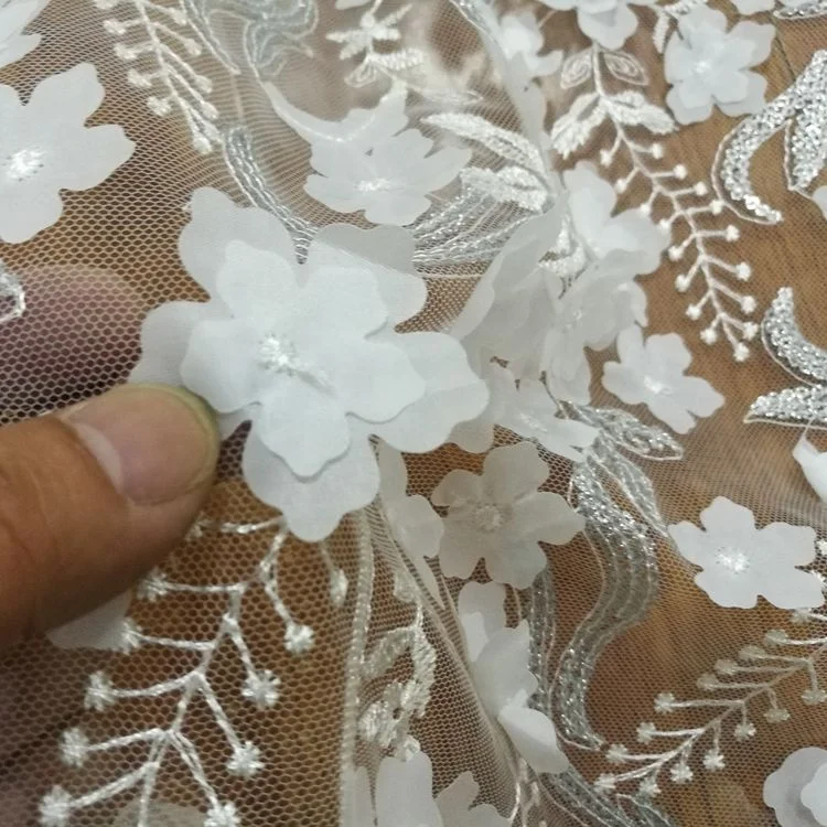 Wholesale White Double Layer 3D Flower Fancy Embroidery Lace Fabric Embroidery Textile For Wedding Dress