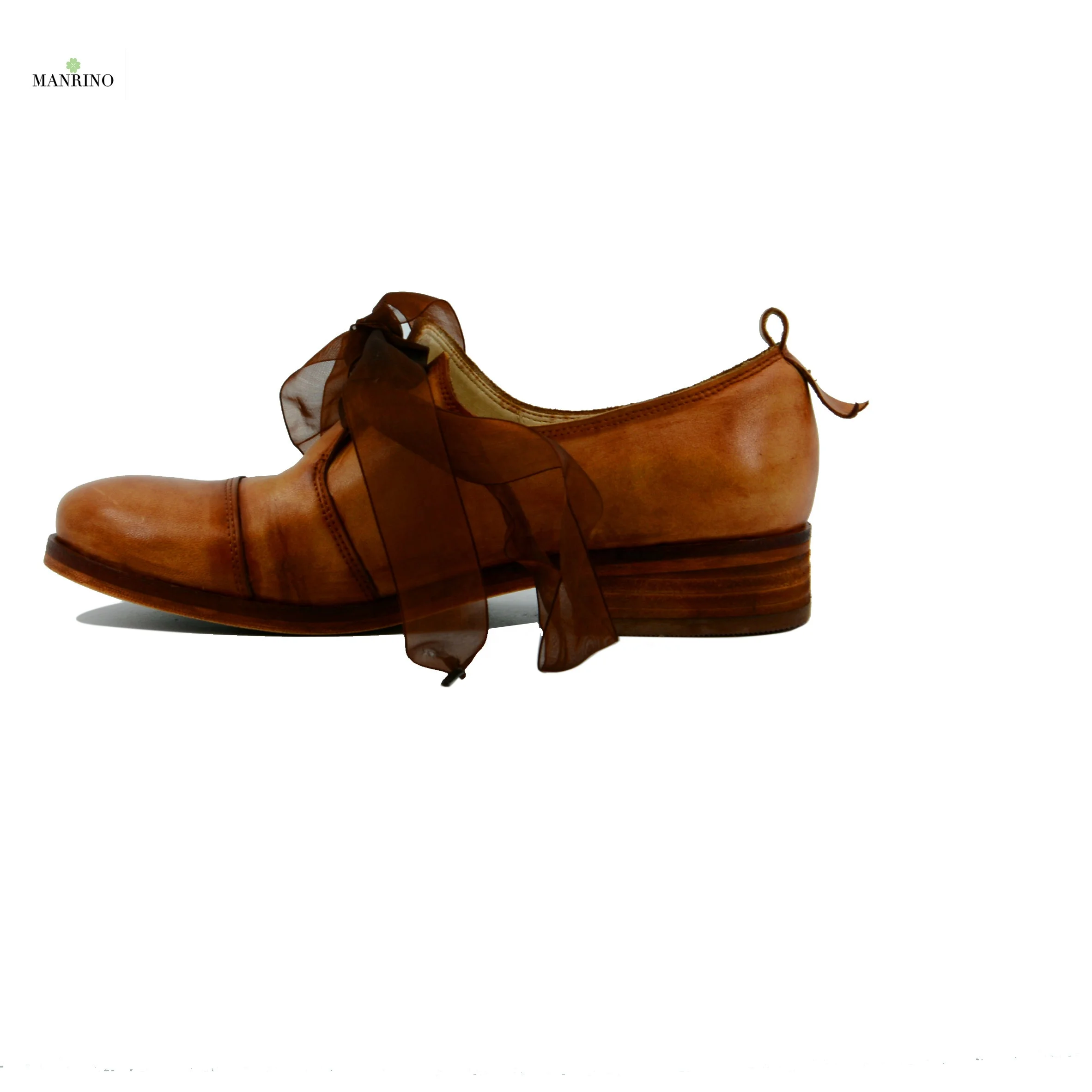 
MANRINO-0147 Lady Waxed Cow Leather Finishing Treatment Red Brown Wood Heel Ribbon Lace Up Women Closed Round Toe Casual Shoes 
