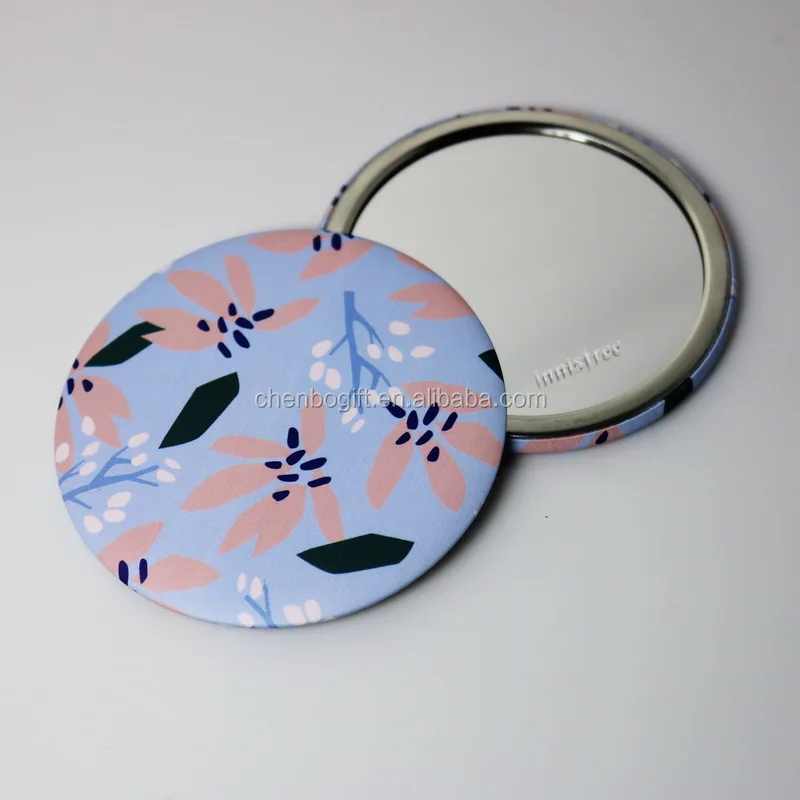 personalized beautiful print tinplate round pocket mirror , printed 1 color logo girl makeup mirror