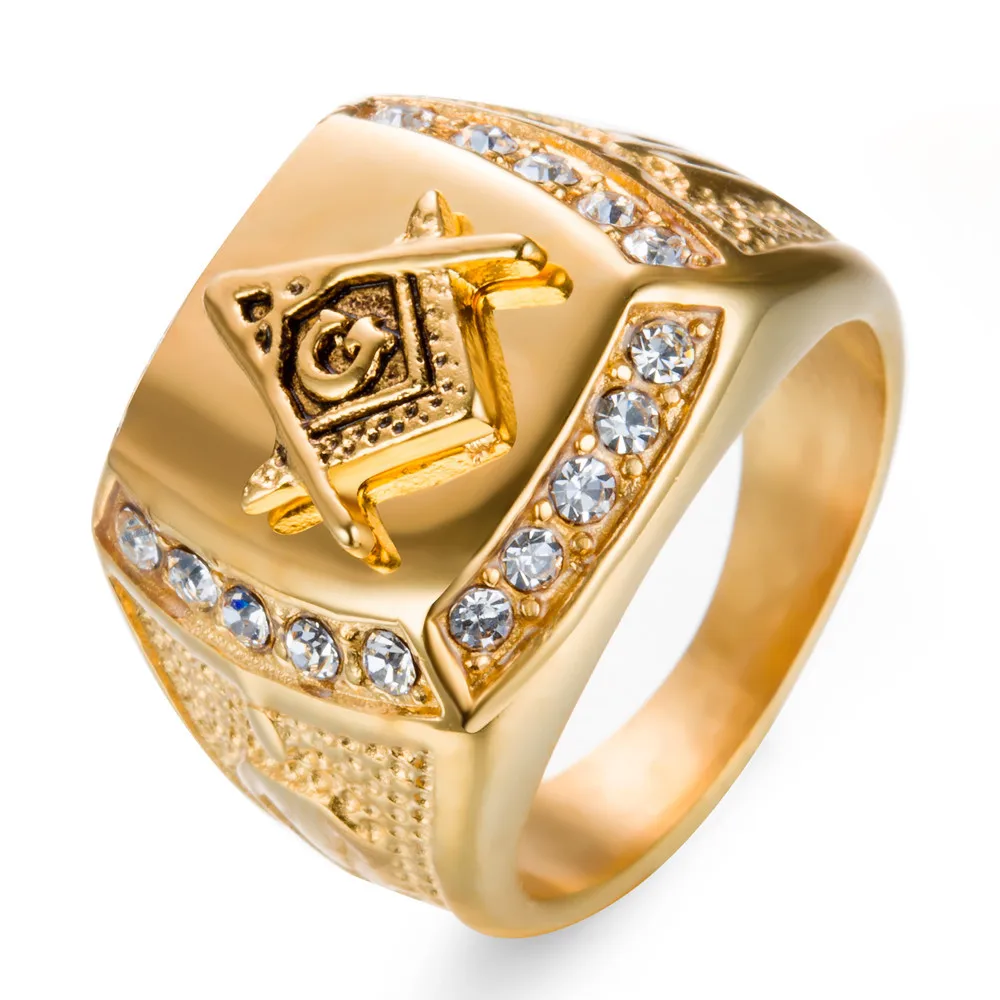 
Master Freemason Masonic Signet Rings Stainless Steel Iced Out Crystal Bling Gold Ring for Men Hip Hop Jewelry 