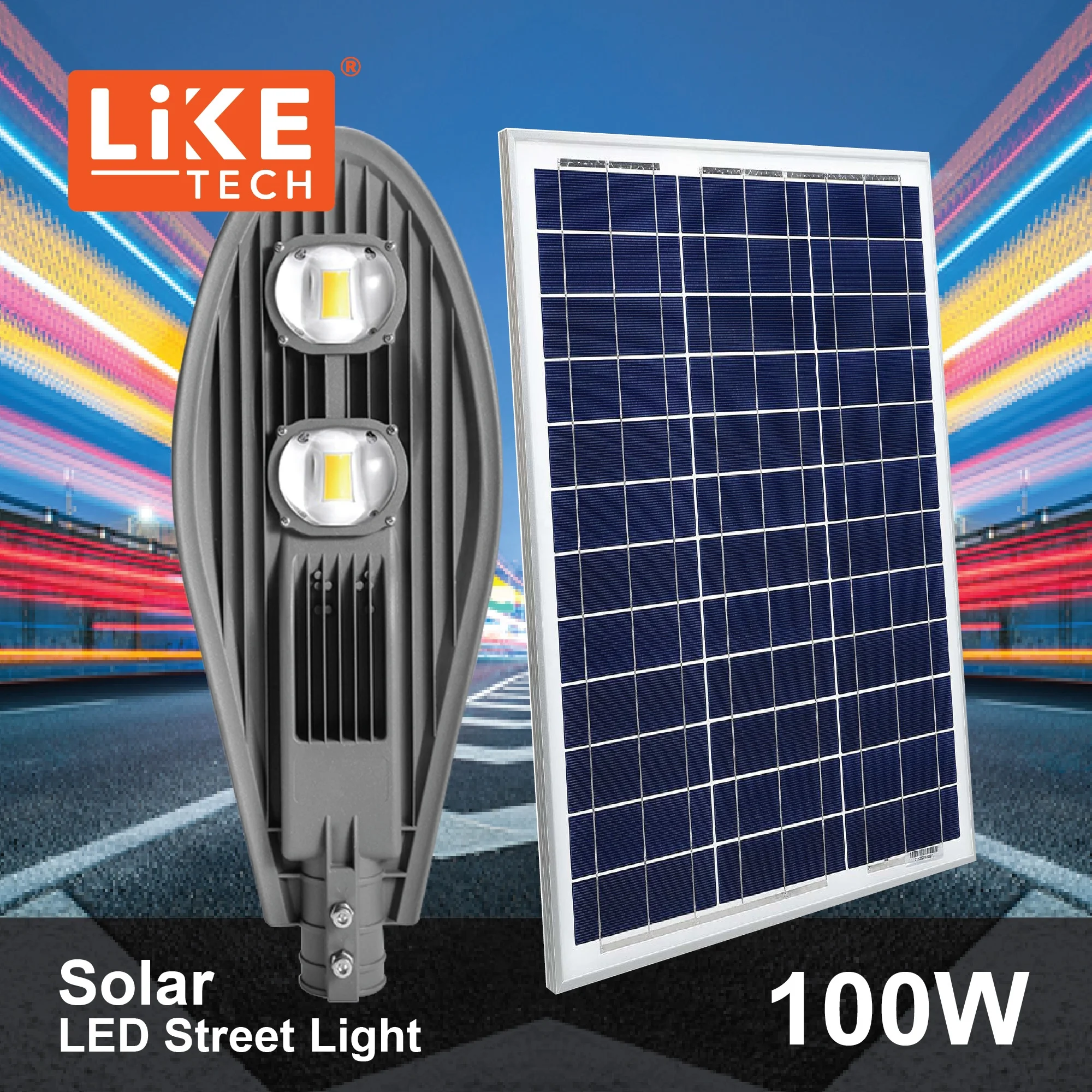 LikeTech Die Cast Led Light 100W Rocket Design BIG COB Solar Street Light Industrial commercial use for government projects