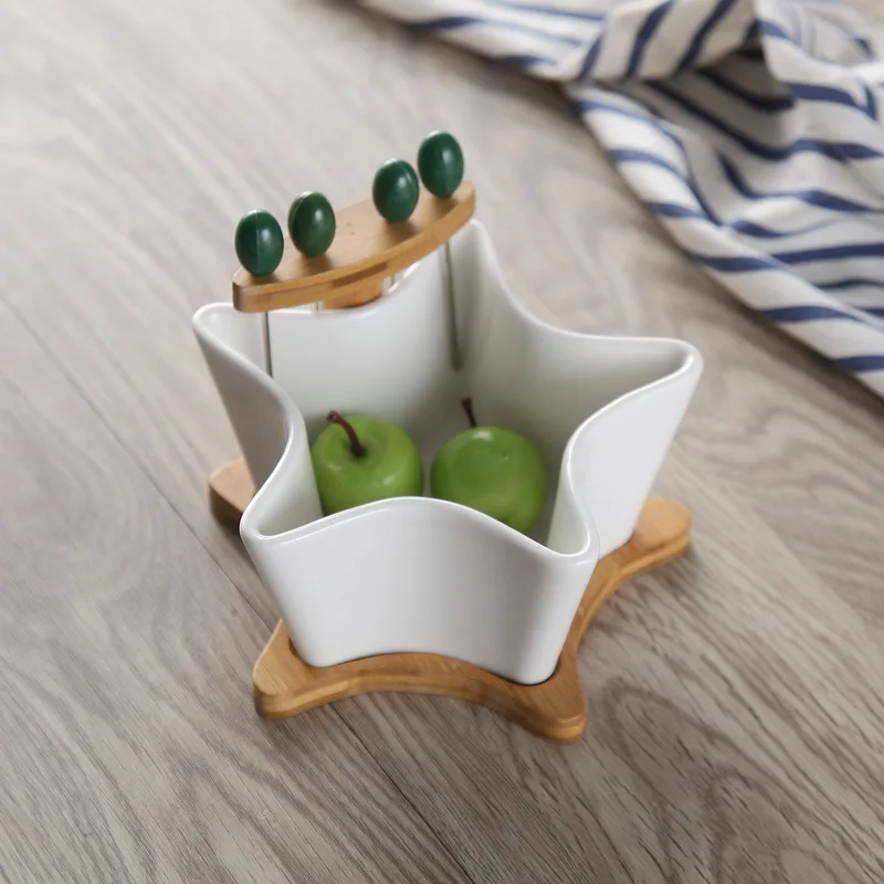 White Plates Ceramic Storage Trays Bamboo Serving Tray