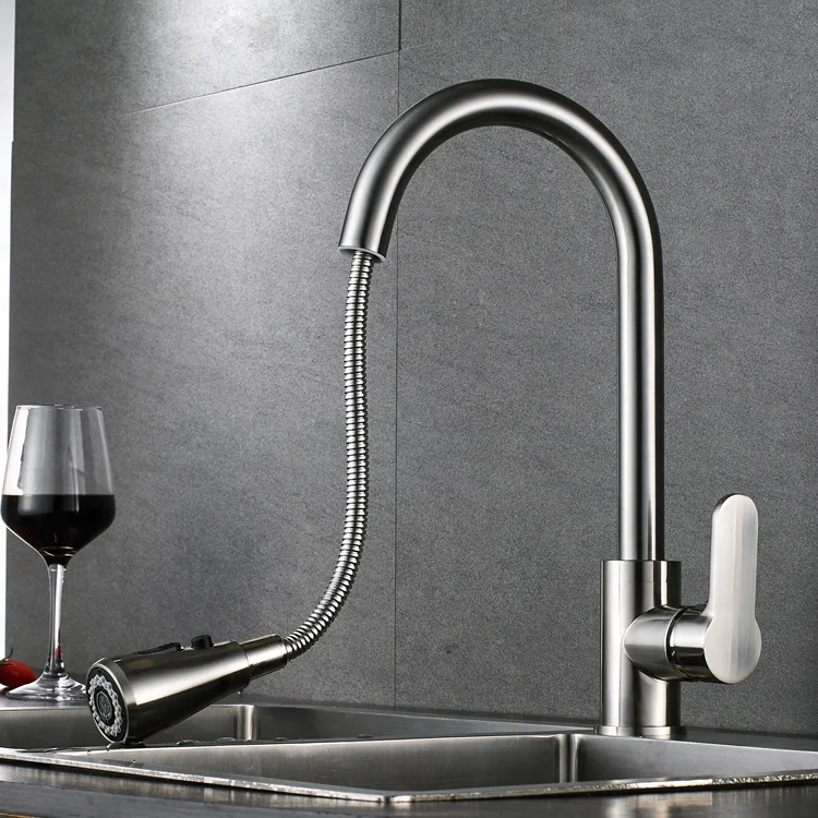 Deck mounted single handle brushed nickel finish pull out spout brass kitchen sink faucet taps