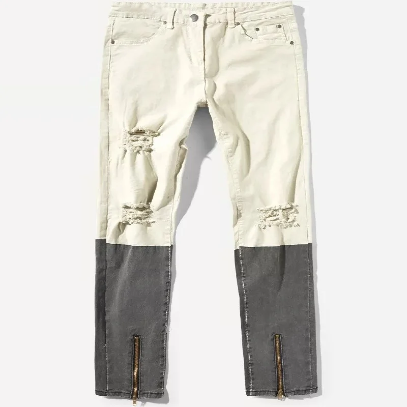 Men Zip Colorblock Destroyed Skinny Denim Pants