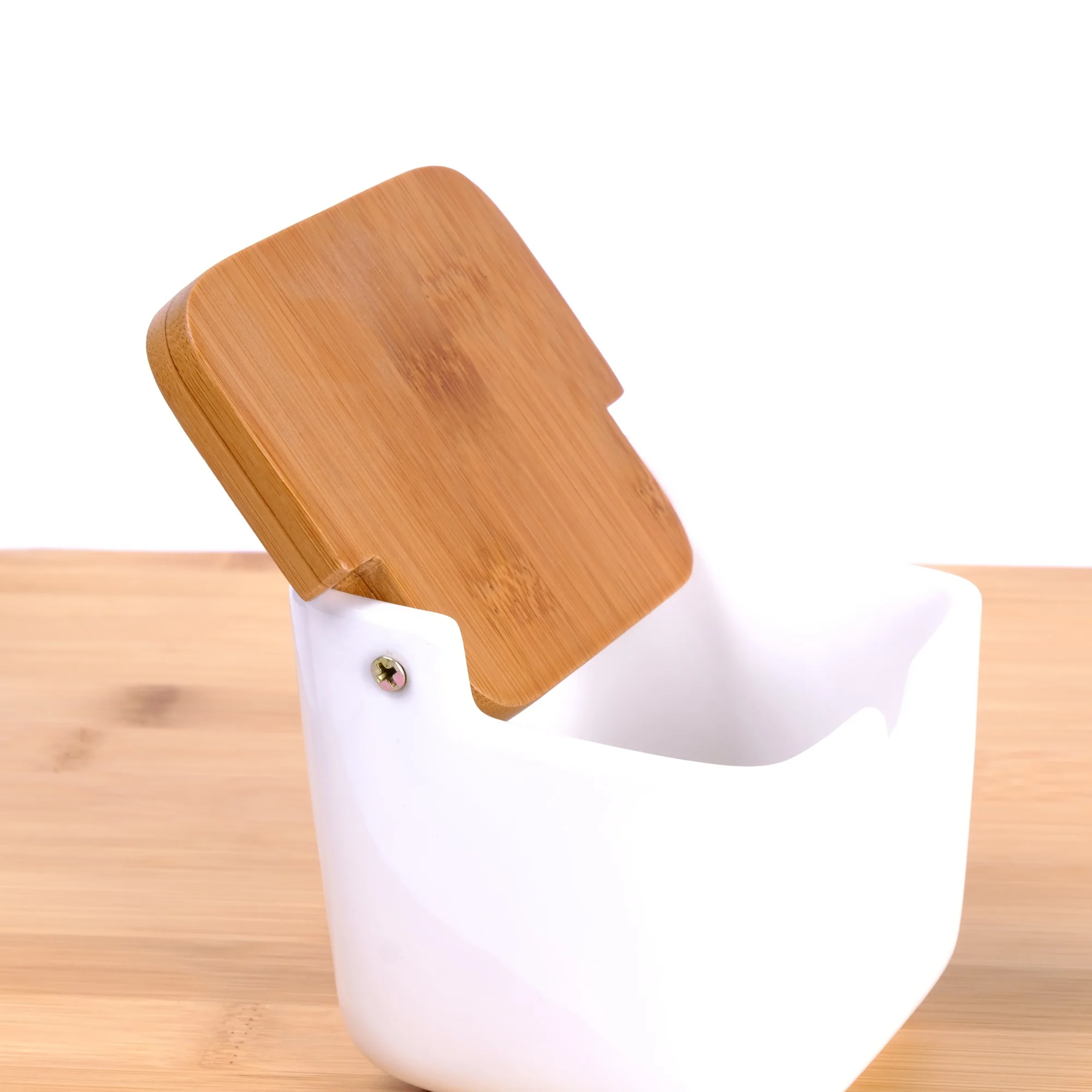 Ceramic Sugar Bowl Salt Box with Bamboo Flip Top Lid Pepper Container Flour Box Holder Earthenware Bowl White