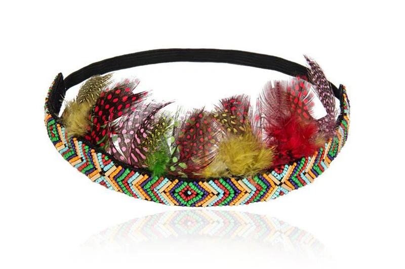 Feather Crown Headband Colorful Beads Headwrap Showgirl Carnival Party Headdress