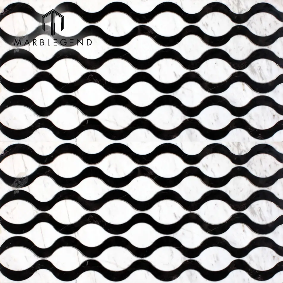 Black and white wave pattern Waterjet laminated Marble inlay Floor Medallion