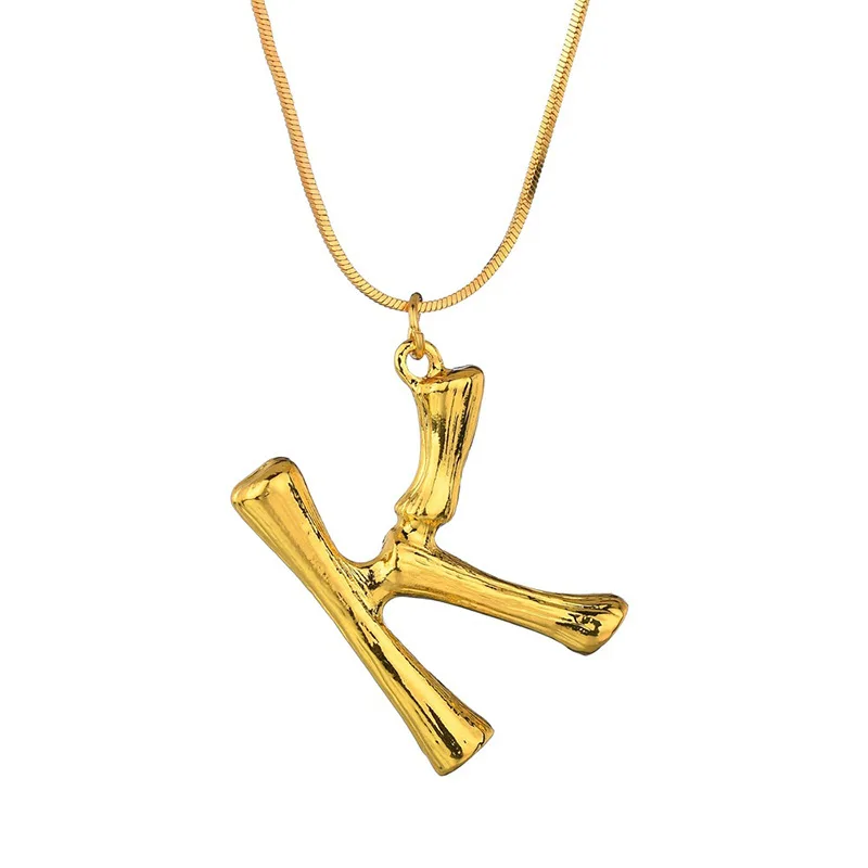 Hot Selling New Design Statement A-Z Bamboo Letter Necklace Gold Plated  Metal Alphabet Pendant Necklace Jewelry