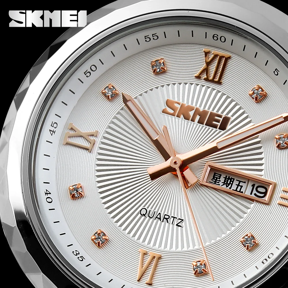 Skmei 9100 Brand Luxury Men Wrist Watches Business Date Week Clock Quartz Waterproof Elegant Diamond Stainless Steel Hand Watch