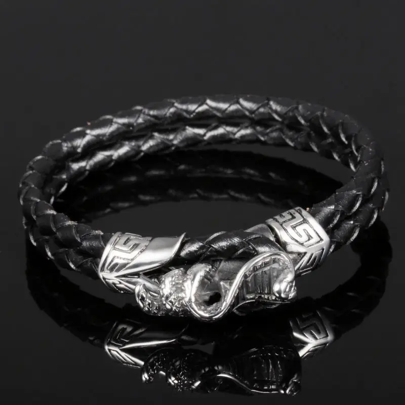Wholesale Punk Style Men Double Braided Black Leather Snake Head Bracelet