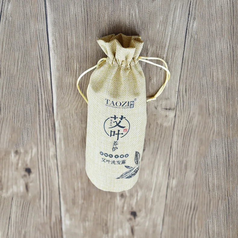 Popular Fashion Custom Logo Printing Party Wedding Favor Gift Bag Round Bottle Jute Drawstring Bag