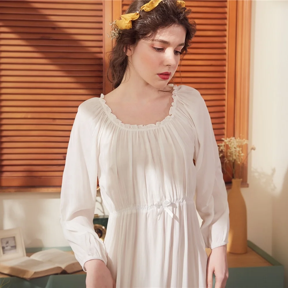 Long Sleeve Princess Style Sleepwear Ladies Plain White Vintage Nightgown