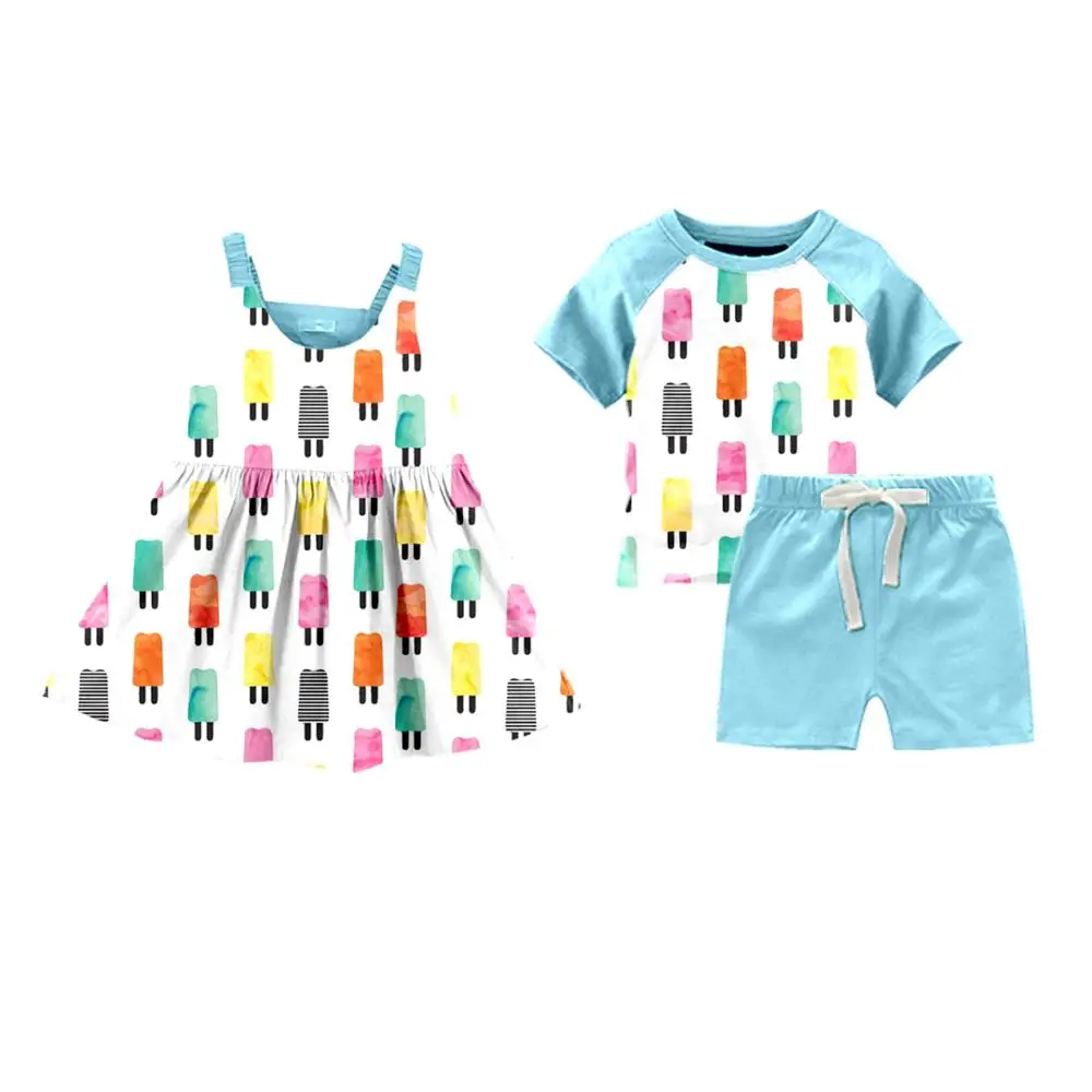 New design girl dress and boy outfit match set ice cream print kids clothing set