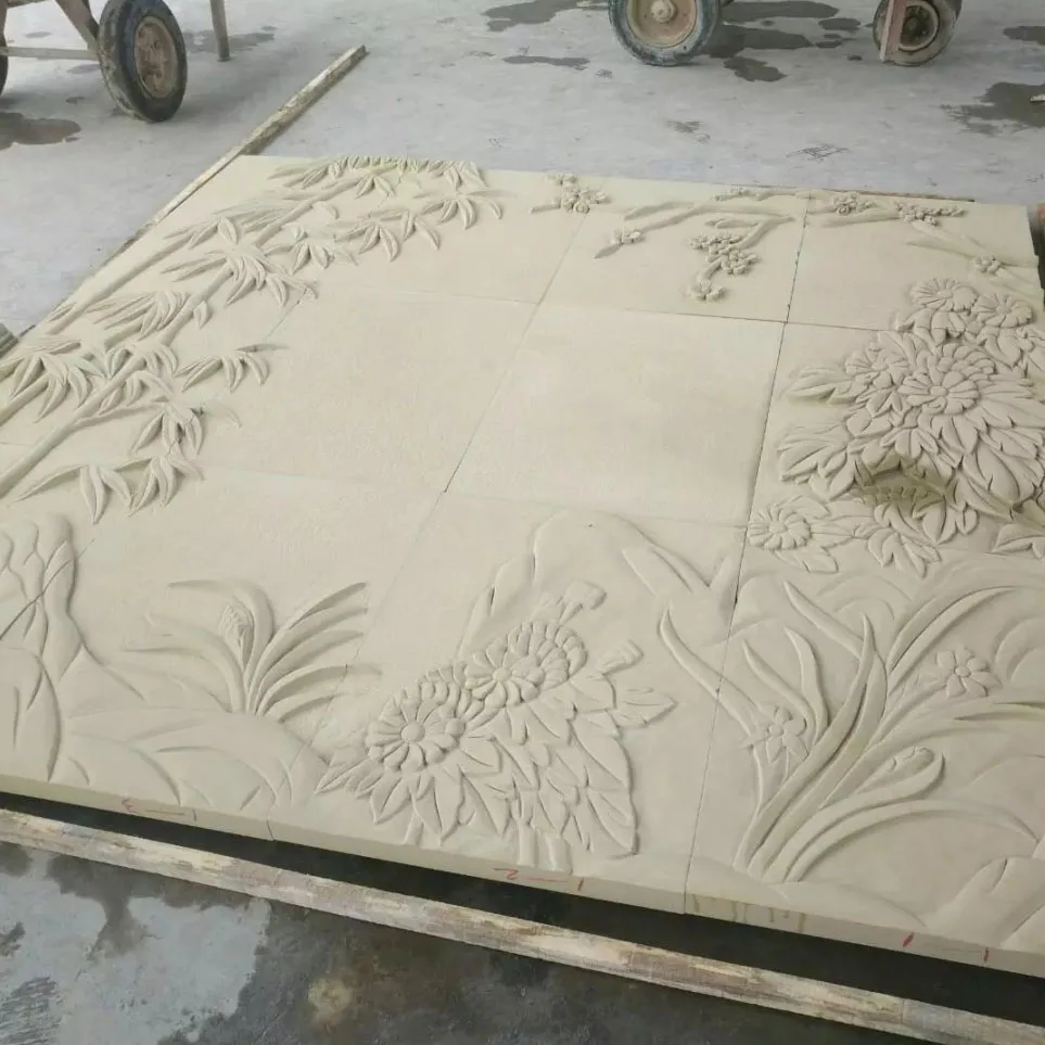 Chinese Bamboo Carving Relief Handmade Beige Sandstone Relief