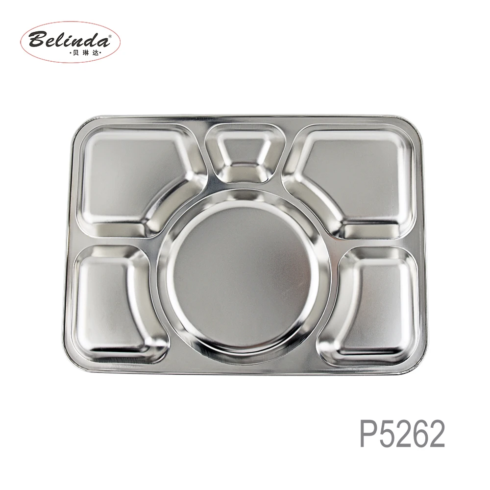 6 Divided Food Grade Stainless Steel 304 Fast Food Canteen Compartment Tray