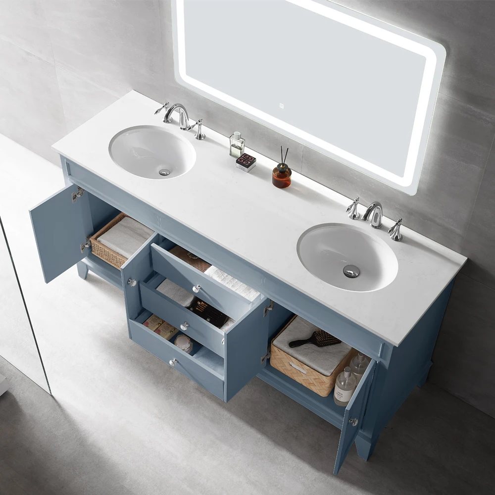 
American classic style quartz stone countertop bathroom vanity wooden cabinet 