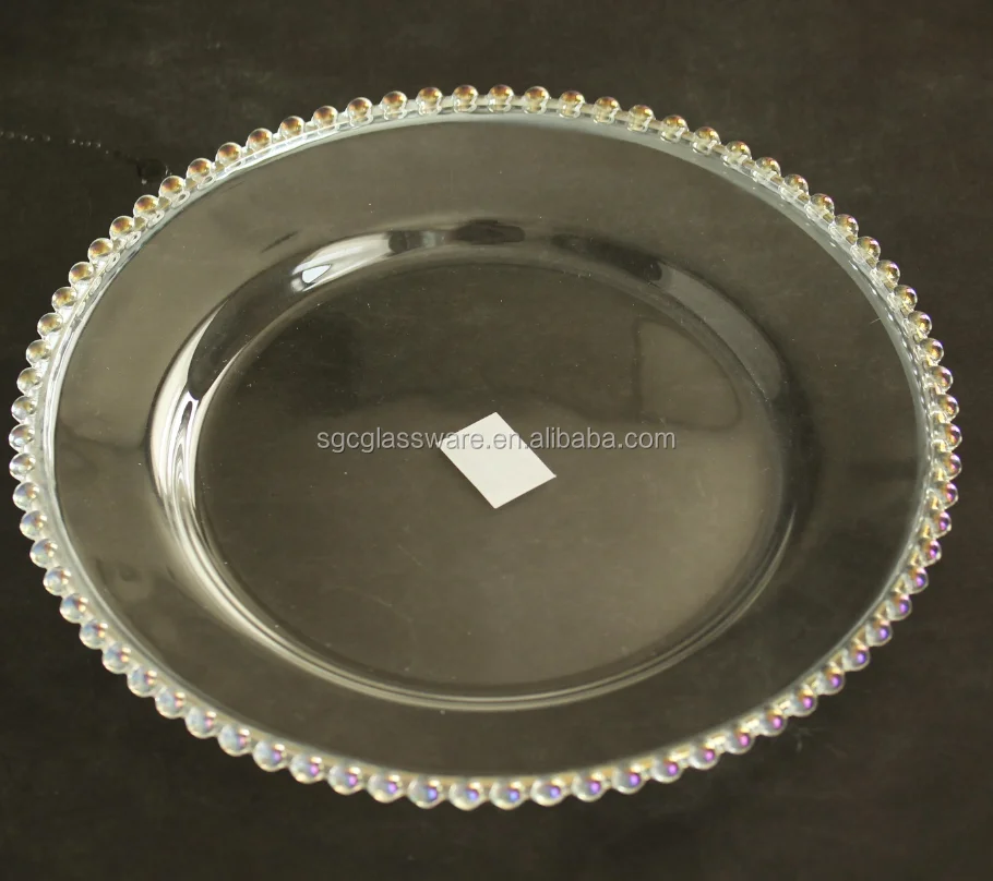 SXGC Hot sales wedding and party glass fancy Decorative Charger Plates with Gold beads rim round charger plate