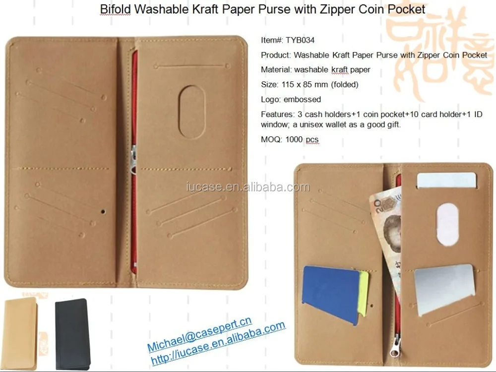 Casepert Slim Bifold Washable Kraft Paper Purse with Zipper Coin Pocket Washable Kraft Paper Wallet