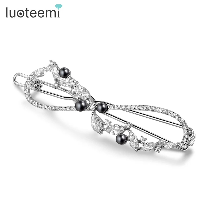 LUOTEEMI Fashion New Luxury Cubic Zircon CZ Wedding Bridal Hair Accessories Jewelry Fancy Black Natural Pearl Hair Pins