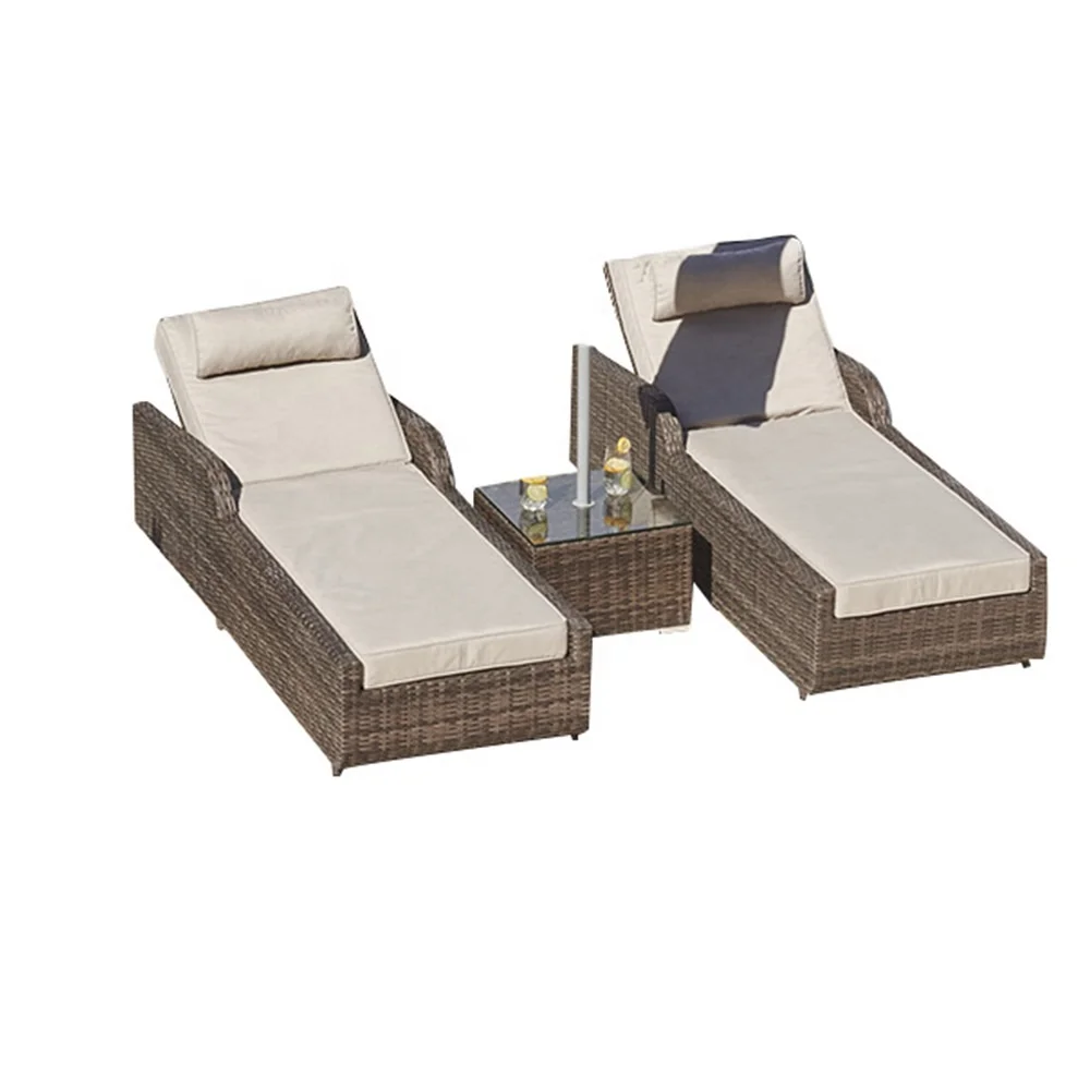 3PC Leisure Modern New Style Outdoor Sunbed Patio Wicker Daybed and Garden Rattan Furniture Lounger