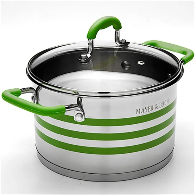 (Зелеными полосками снаружи) кастрюля SYS1531 оптом посуда полностью из нержавеющей стали с зеленой ручкой