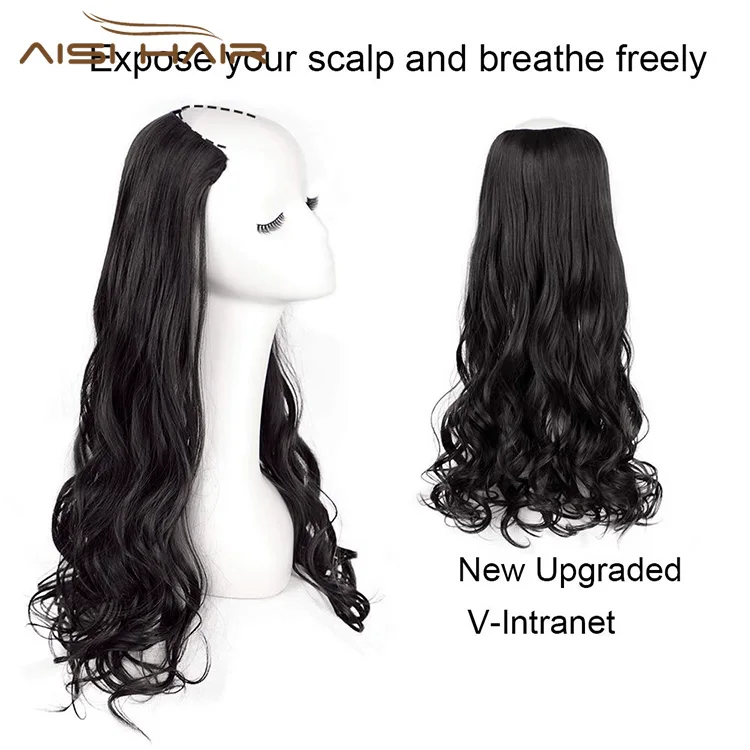 Aisi Hair 22inches New Arrival V Shape Synthetic Clip In Hair Extensions Natural Black Long Wavy Hairpieces