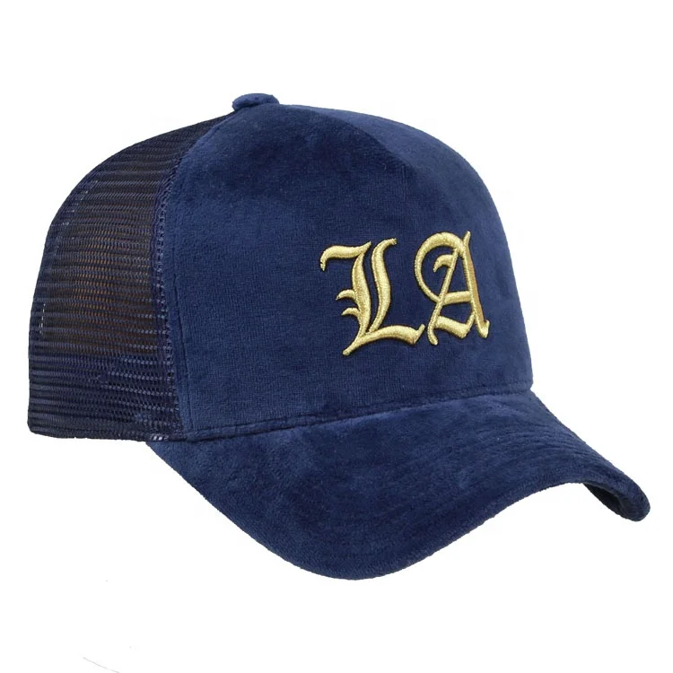 Custom gold embroidery velvet navy blue trucker cap