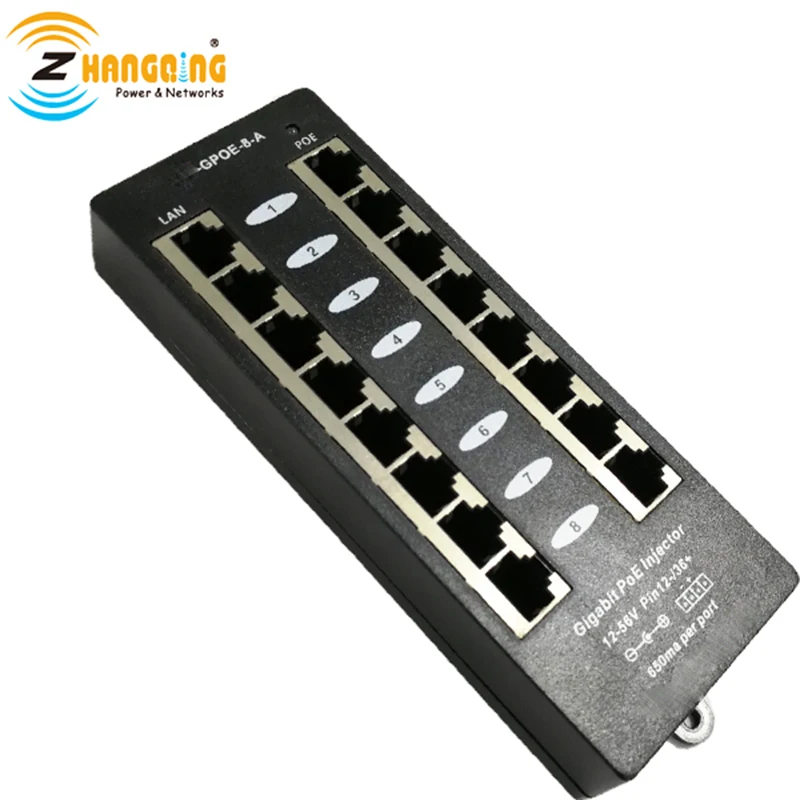 Gigabit Passive Mode A Data Pin 1/2 and 3/6 PoE Patch Panel 8Port PoE Injector For 802.3af Standard Access Point, PoE Camera