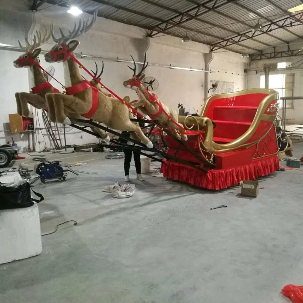 Life size fiberglass Christmas sculpture mall decoration dynamic Sleigh reindeer statue with wheel
