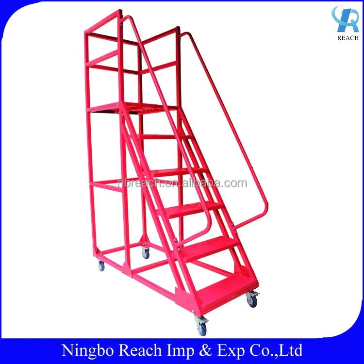 Warehouse Steel Safety Rolling Mobile Platform Ladder with Handrails