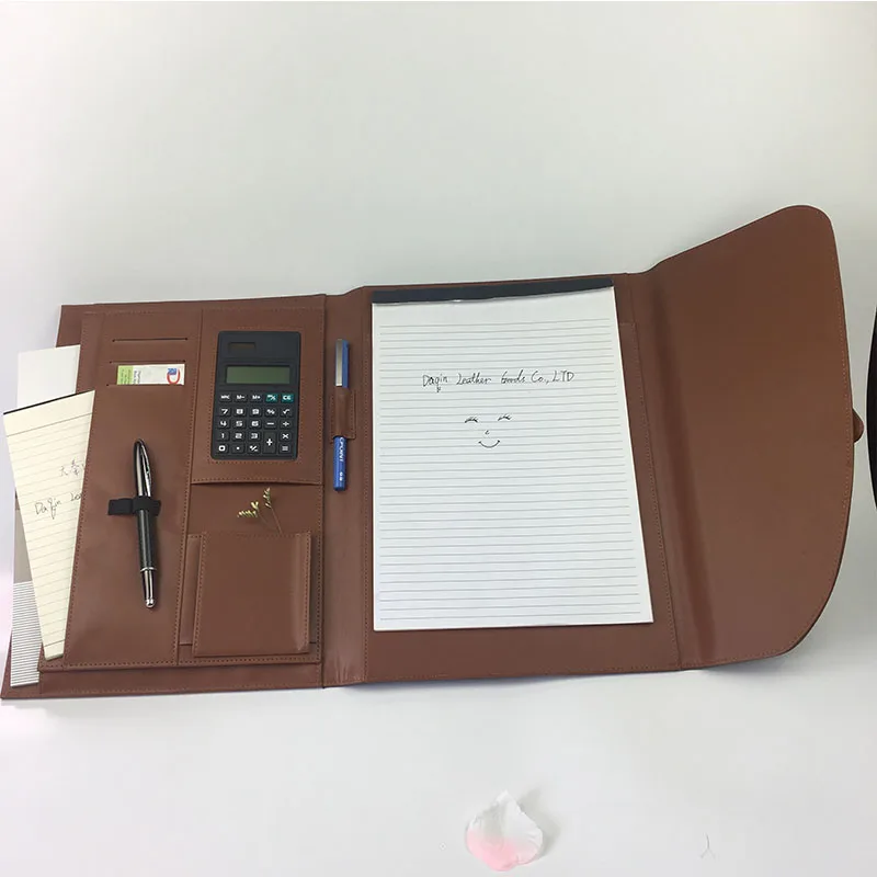 Good quality A4 leather portfolio file folder manufacturer, portfolio folder with calcutator